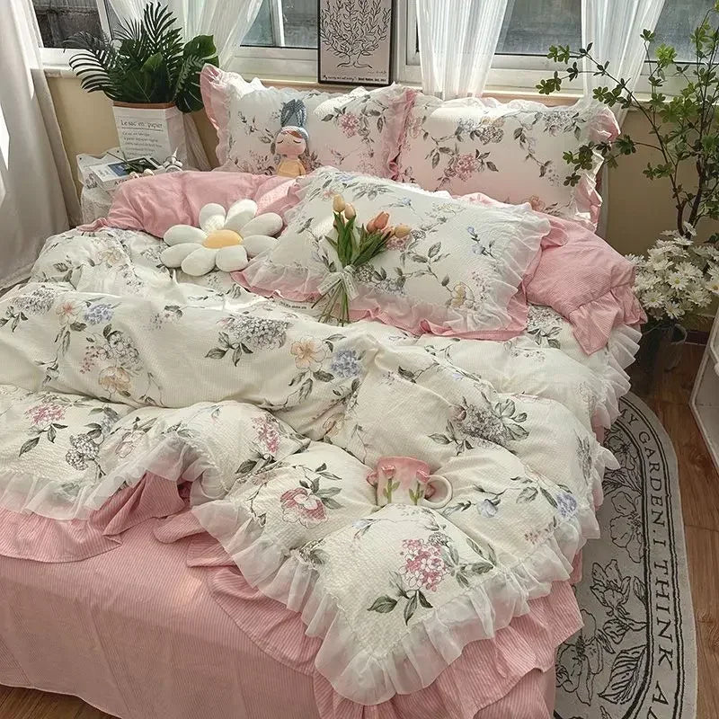 Cyflymder  Romantic French Flowers Lace Ruffles Bedding Set Washed Cotton Duvet Cover Bed Flat Sheet Pillowcases Girls Couple Bed Linens
