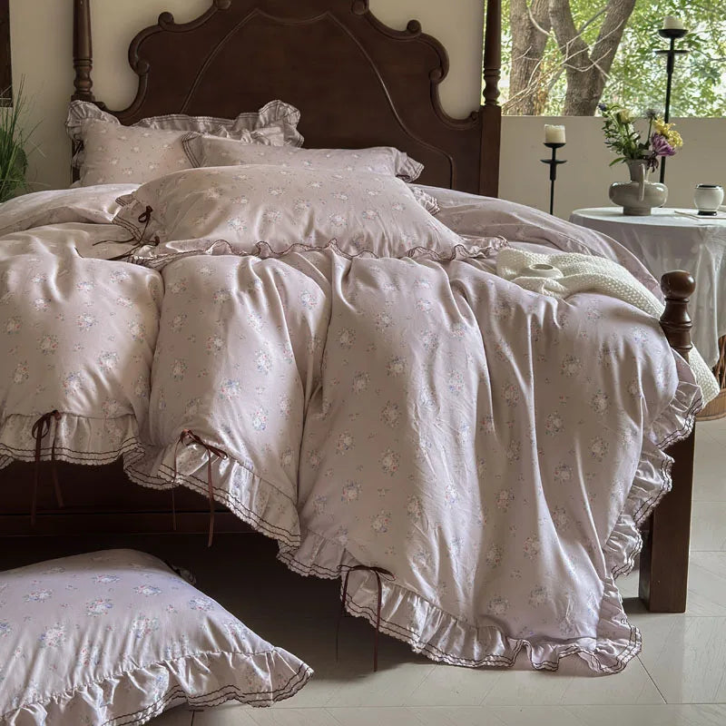 Cyflymder  100% Cotton Pastoral Floral Print Ruffles Bow Princess Bedding Set Queen King Duvet Cover Set Bed Sheet/Fitted Sheet Pillowcases