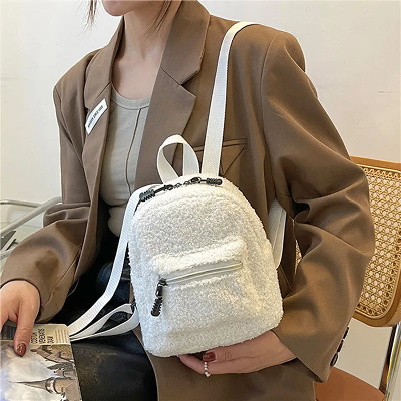 Cyflymder Mini Women's Backpacks Trend Plush Female Bag Solid Small Feminina Backpack School Bags For Teen Girls Knapsack
