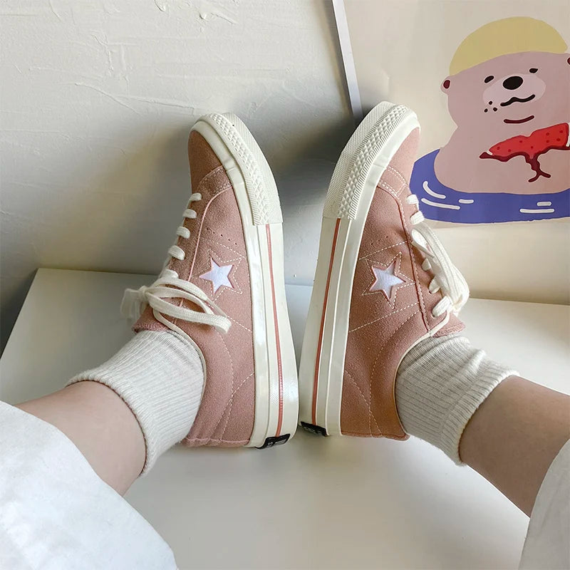Cyflymder  Retro Star Canvas oes Women's Versatile Little Dir oes INS Skateboard oes Hong Kong Sle Ulzzang Trendy Student Whit...