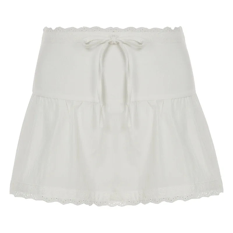 Cyflymder  Girls Lace Splicing Solid Color Skirt Strap Bow Woven A-shaped Skirt