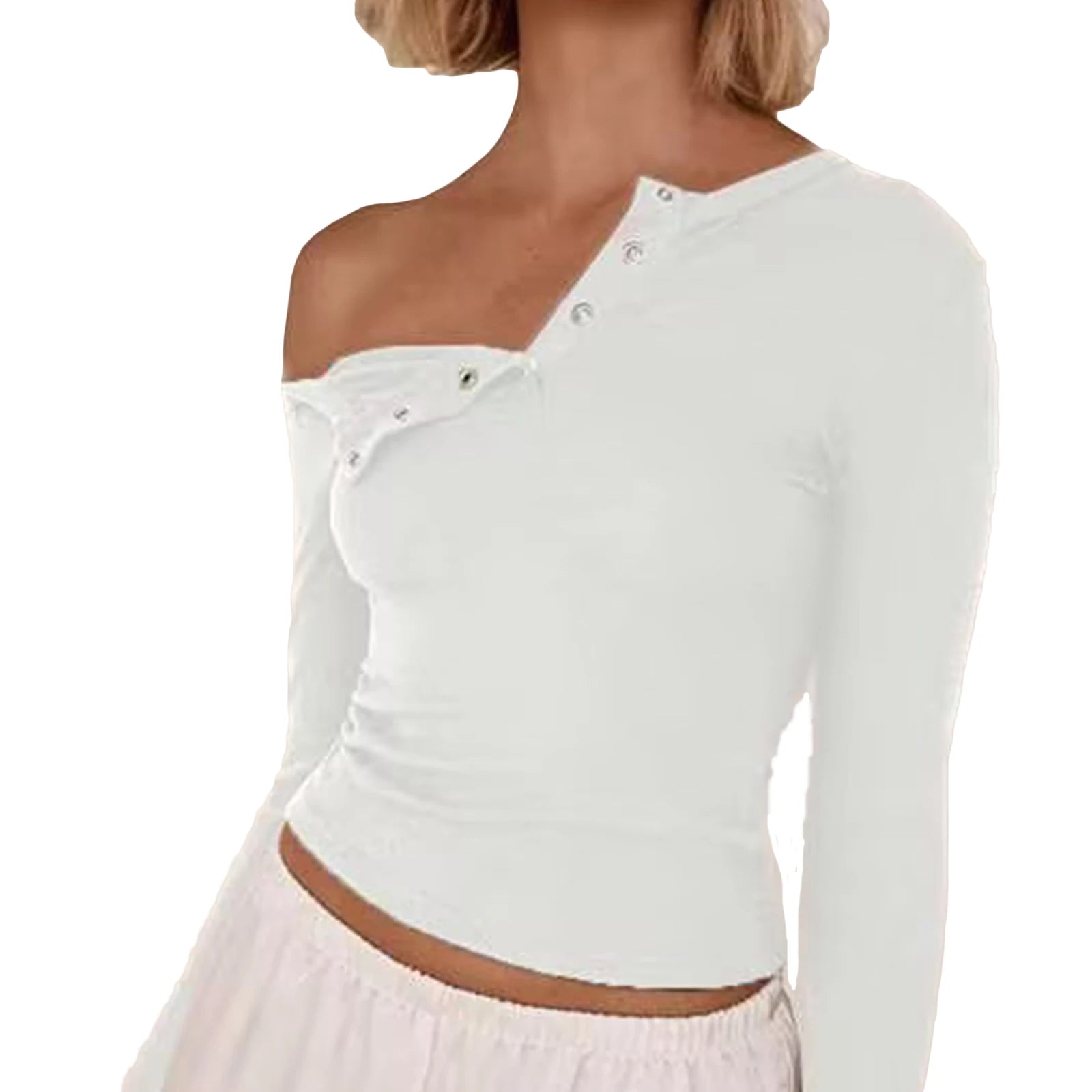 Cyflymder  Solid Color Long Sleeve Basic T-Shirts Women Buttons Oblique Shoulder Casual Shirts Fall Slim Fit Crop Tops Streetwear