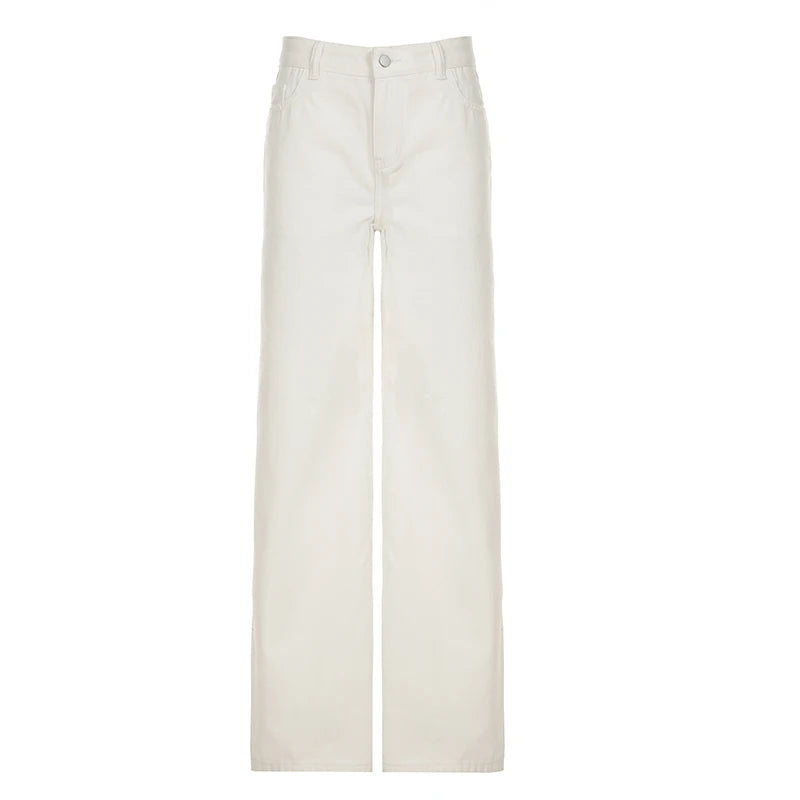 Cyflymder  Casual Button-Fly Slimming White Straight Jeans Women's Fashion All Match Full Length Denim Trousers Trend Bottoms