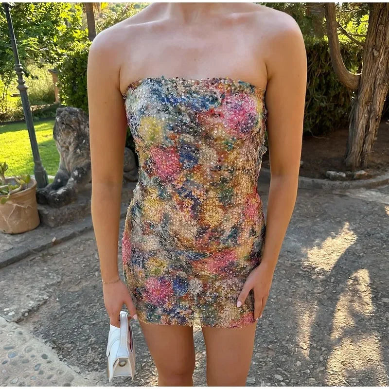 Cyflymder  Sexy Print Sequined Women Dress Beach Sleeveless Backless Hip Package Zippers Dresses 2025 Summer Fashion Lady Streetwears