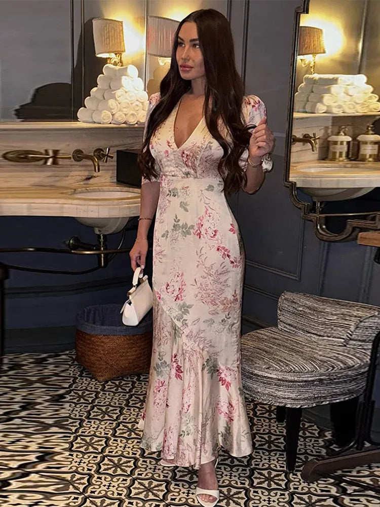 Cyflymder  Deep V Short Sleeve Printed Long Dress Women Sexy Waist Cinching Hip Package Party Evening Dresses Fashion Ladies Vestido Longo
