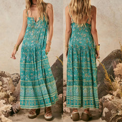 Cyflymder  Women Beach Dress y2k Boho Floral Print V Neck Spaghetti Strap Sleeveless Long Flowy Dress Vacation Cocktail Dresses﻿