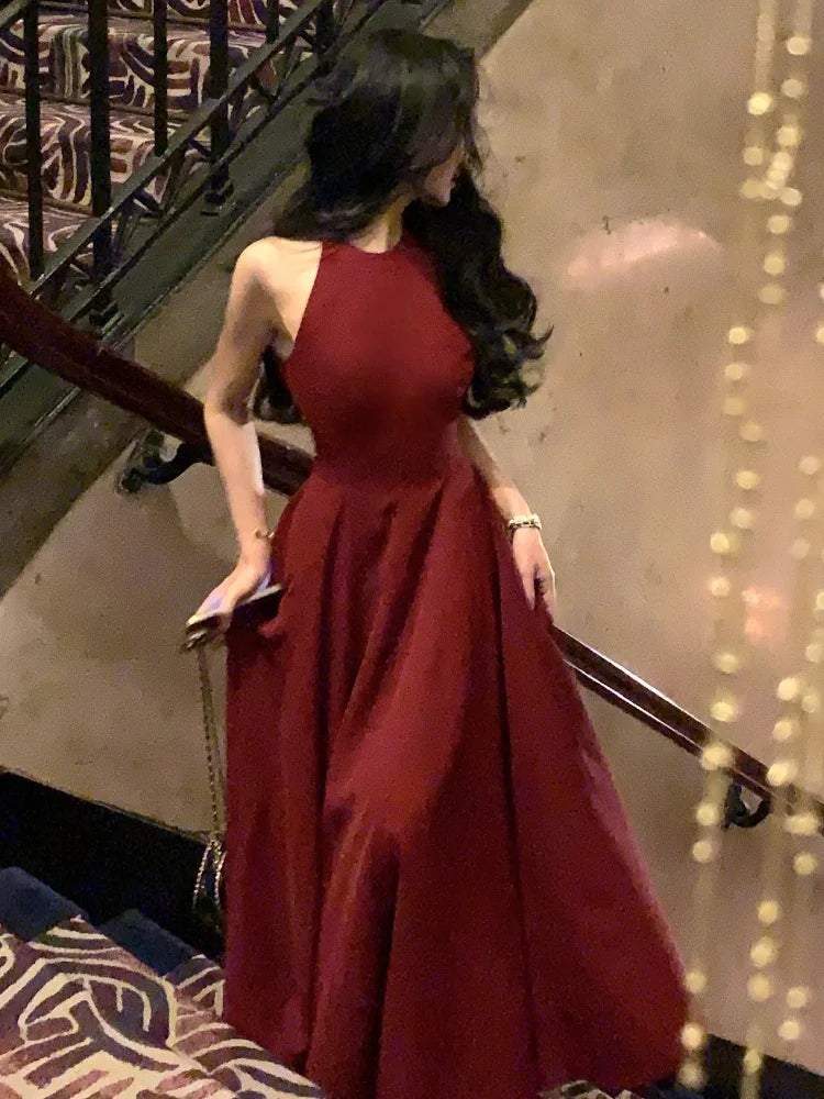 Cyflymder  Vintage Red Sleeveless Slim Midi Dresses for Women Fashion Casual Chic Birthday Robe Elegant Party Female Clothing Summer