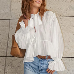 Cyflymder  Women Casual High Street Solid Color Commuting Top Simple Lace Up Ruffle Design Tees 2025 New Autumn Puff Sleeve Loose Pullover