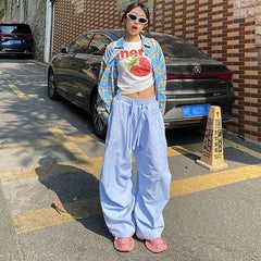 Cyflymder  Bule Striped Wide Pants Women Casual Baggy Patchwork Joggers Harajuku Oversized Korean Style Letter Embroidery Trousers