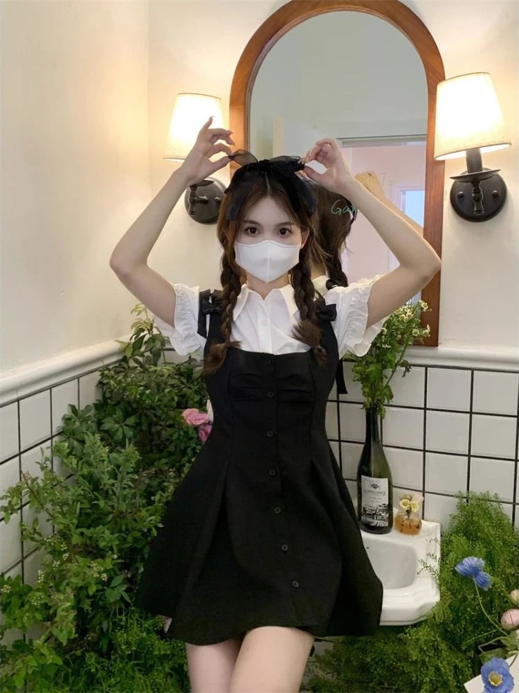 Cyflymder  Kawaii Preppy Style Suit Black Slip Dress White Blouse Spring Sweet Korean Fashion Femle Outfit Women Elegant Two Pieces