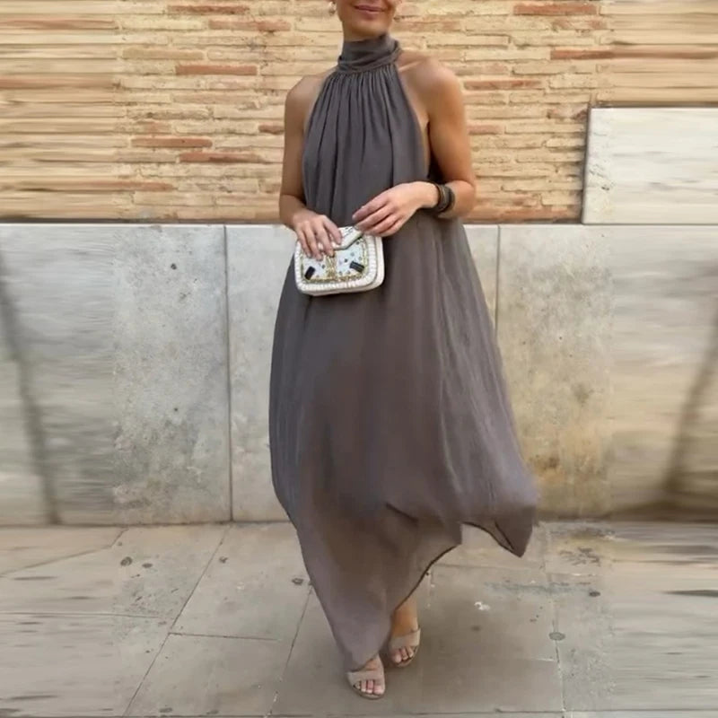 Cyflymder  Ladies Fashion Turtleneck Lace-up Long Dress Spring Casual Solid Pleated Evening Dress Summer Sleeveless Streetwear Maxi Dresses