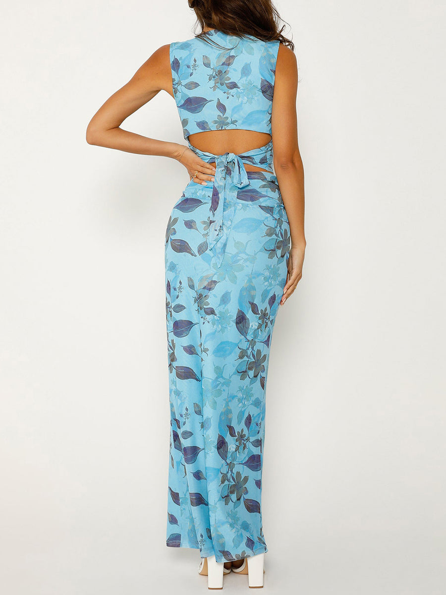 Cyflymder  Vintage Women's Summer 2Pcs Outfits Floral Print V-Neck Slim Tank Tops + High Waist Long Skirt Set Holiday Party Clothes
