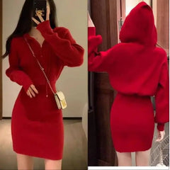 Cyflymder  Red Chinese New Year Knitted Hoodie Dress Women Slim Bodycon Short Mini Dress