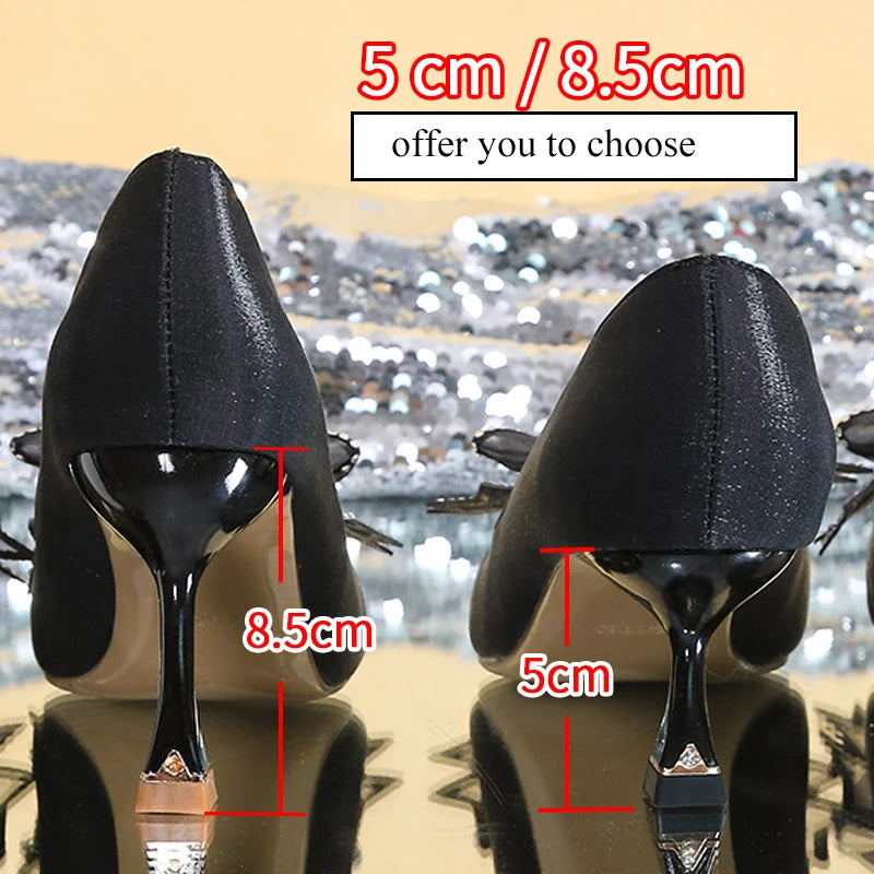 Cyflymder Rhinestone Bowtie Pointed Toe Women's Pumps New Spring Satin Bridal Wedding Shoes Shallow Woman Pumps Stiletto Red