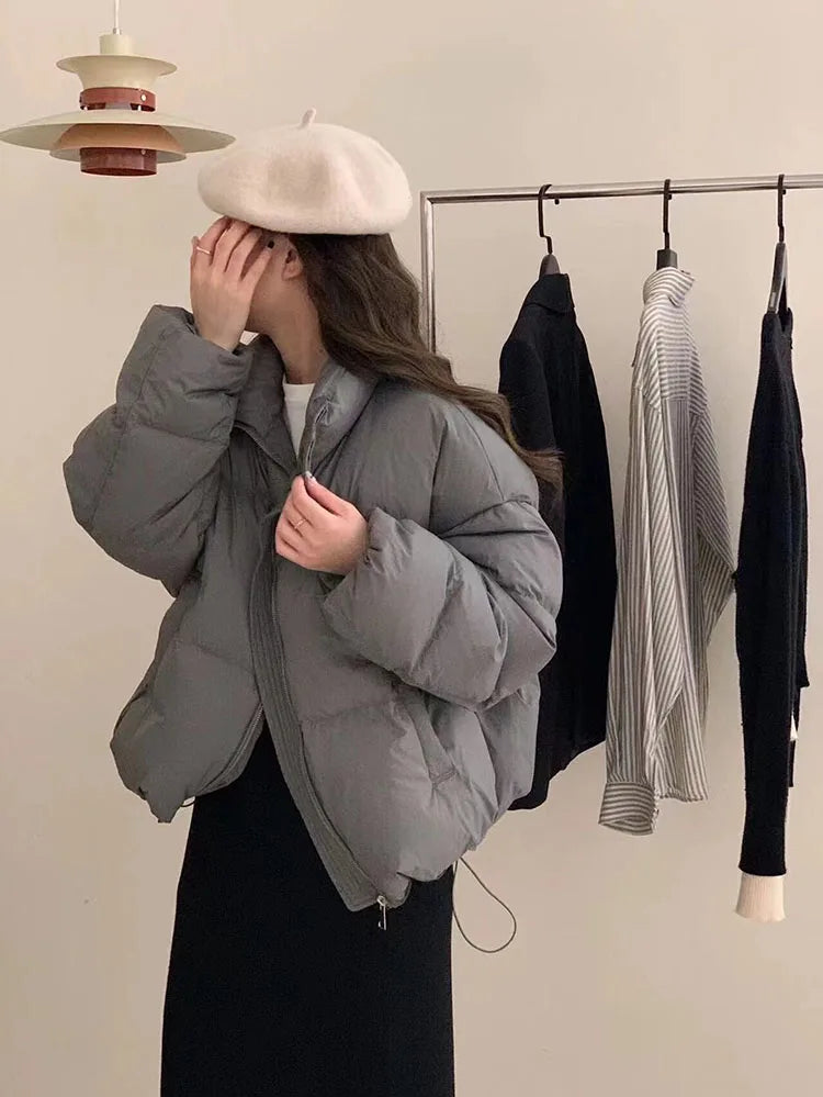 Cyflymder Fashion Zipper Cropped Jacket Women Winter Warm Casual Loose Puff Cotton Coats Streetwear Korean Drawstring Padded Outerwears