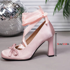 Cyflymder  Brand Design Big Size 43 Sweet Pink Mary Jane Pumps Cross-tied Satin 9cm High Heels Ballet Shoes White Party Wedding Shoes Women
