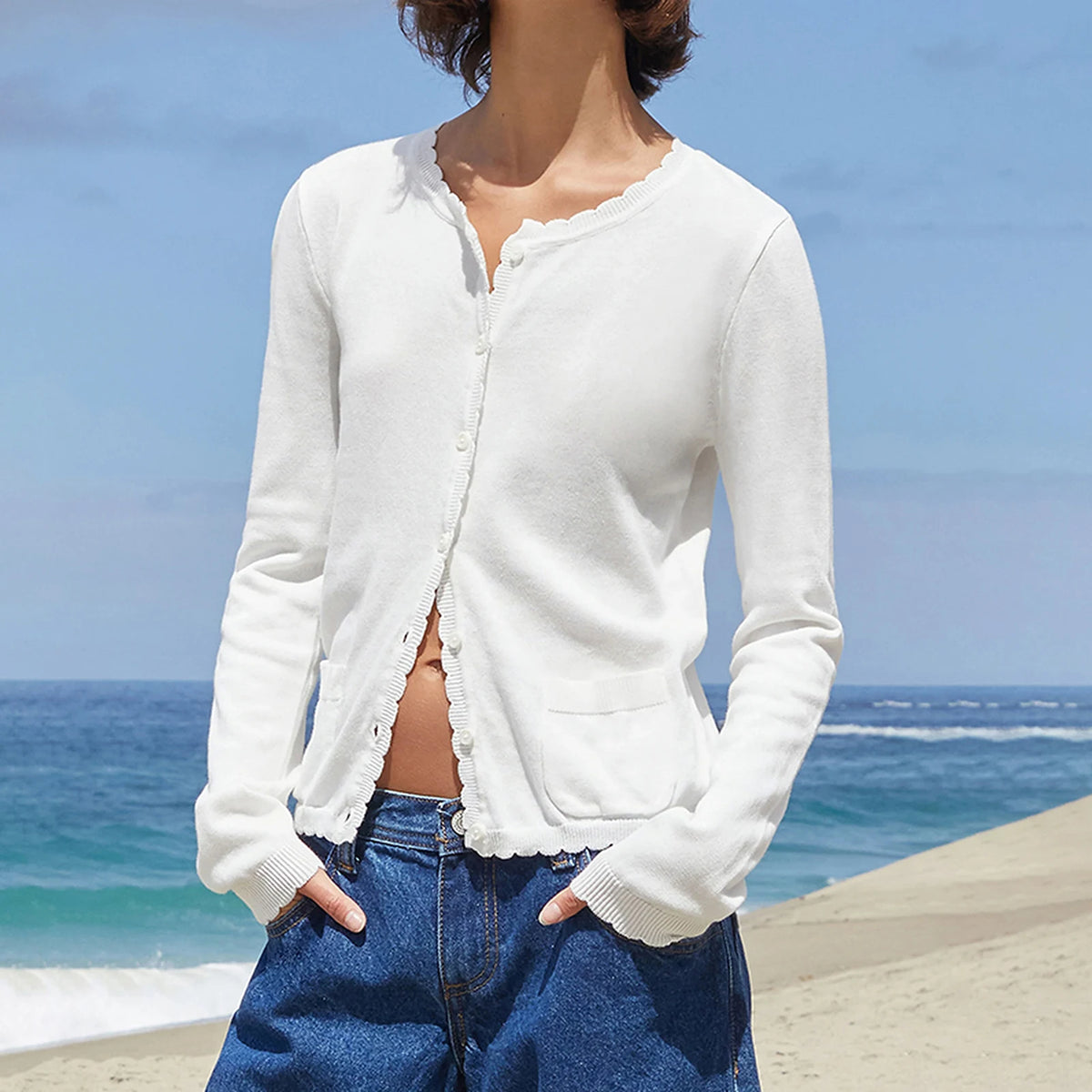 Cyflymder  Ladies Autumn Winter Cable Knit Cardigan Chic Ribbed Button Up Round Neck Long Sleeve Sweater Coat with Pockets