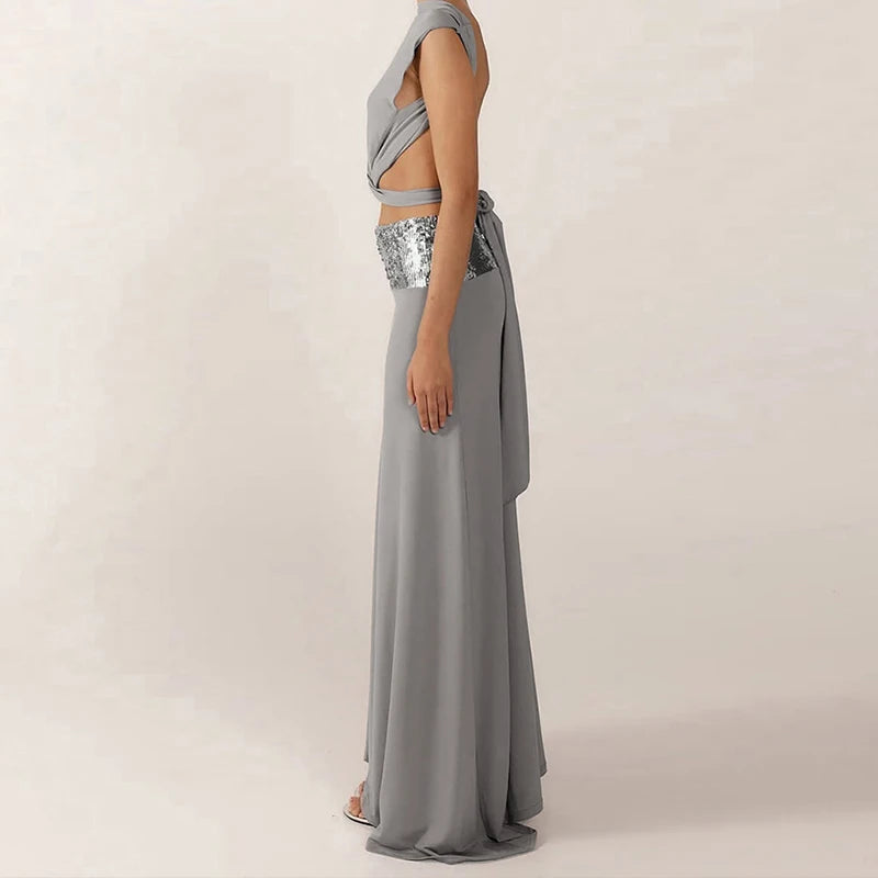 Cyflymder  Elegant Shiny Splicing Slim Suit Fashion O-neck Cross Hollow Tops & Long Skirt Set Women Casual Sleeveless Solid 2 Piece Outfits