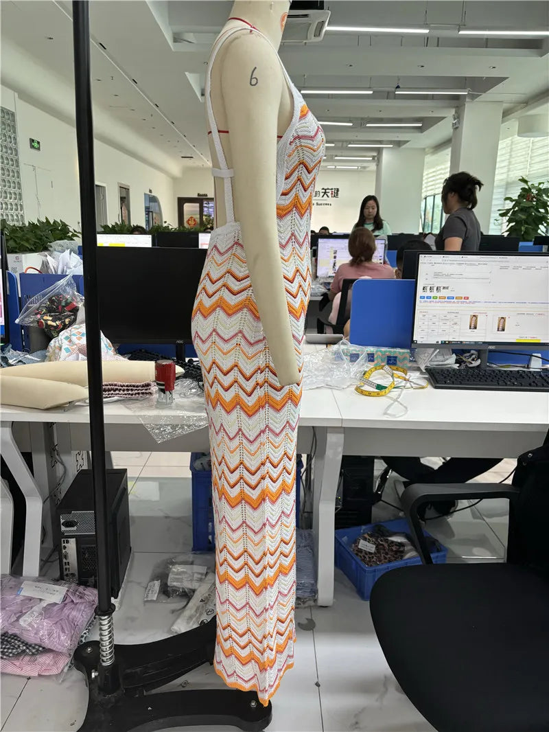 Cyflymder  Fashion Women Knitted Slip Dress Summer Wave Stripe Print Backless Party Dress for Vacation Cocktail Beach Streetwear