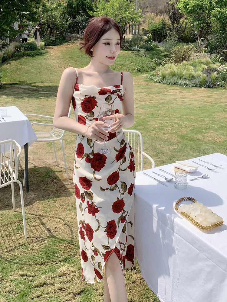 Cyflymder  Vintage Slash Neck Spaghetti Strap Rose Floral Chiffon Midi Dress for Women Party Elegant Bodycon Beach Robe Vestidos Summer New