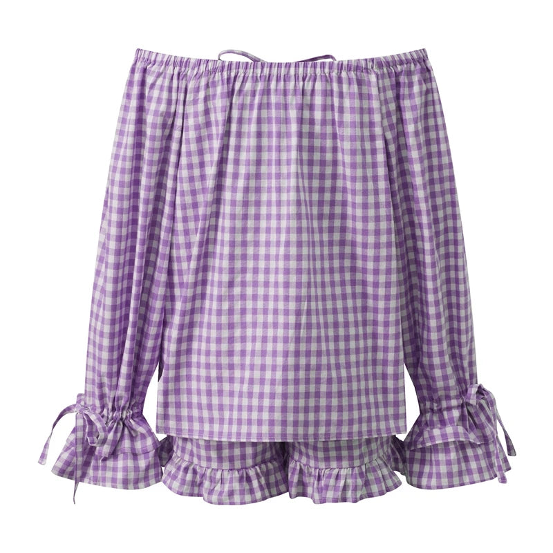 Cyflymder  Vintage Plaid Pajama Set Elegant Lady Off Shoulder Tops + Ruffle Shorts Women 2 Piece Lounge Outfit Loose Sleepwear