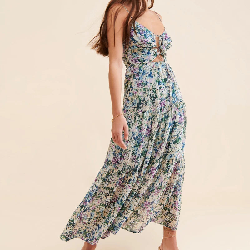 Cyflymder  Floral Cut Out Maxi Dress Bohemian Front Tie Up Flowy Dresses for Women Summer Backless A-line Dress Vacation