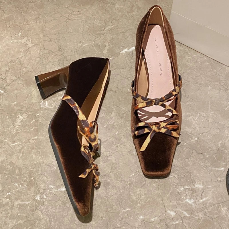 Cyflymder  Luxury Velvet Square Toe High Heeled Women Pumps Leopard Bowknot Chunky Heel Mary Jane Shoes Ladies Elegant Wedding Bridal Heels