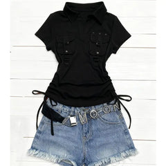 Cyflymder   Hot Girl Workwear Short-sleeve T-shirt Summer American Vintage Slim-fitting Drawstring Waist-controlling Fashion Top