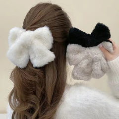 Cyflymder Winter Cute Plush Bowknot Hairpin Women Korean Simple Solid Color Bow Hair Clips Large Barrette for Girls Hair Accessories