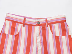 Cyflymder  Women's new fashion side pocket decoration casual striped shorts retro high waisted zipper women's shorts