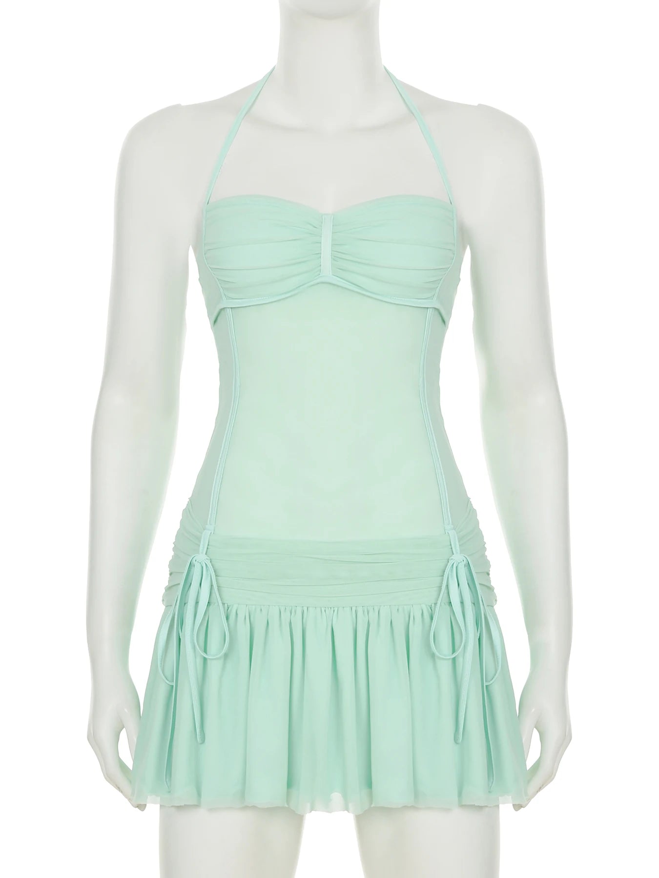 Cyflymder  Beach Style Bandage A-Line Pleated Dress Holiday See Through Solid Slash Neck Sleeveless Mini Dresses For Women 2025