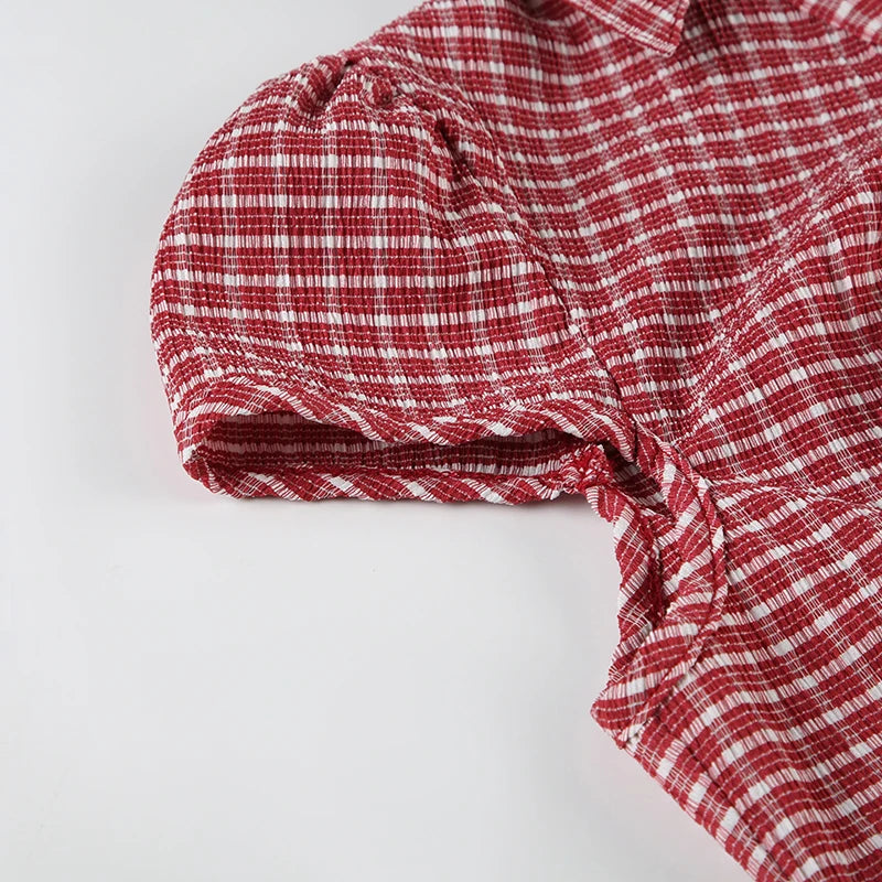 Cyflymder  American Retro Red Plaid ort Sve irt Casual Slim Fit Waist Cinching Button up Top for Young Women