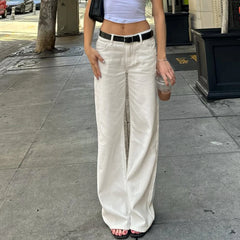 Cyflymder  Casual Button-Fly Slimming White Straight Jeans Women's Fashion All Match Full Length Denim Trousers Trend Bottoms