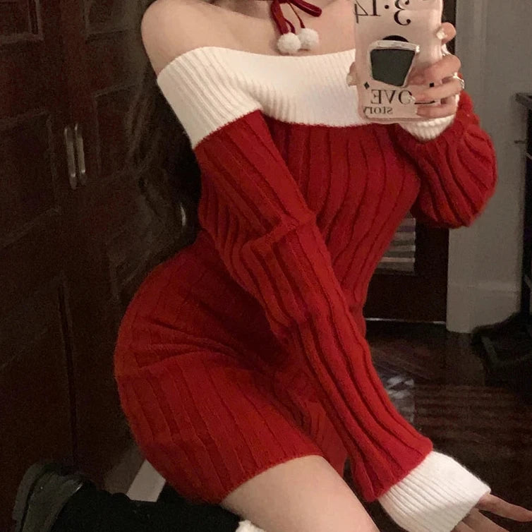 Cyflymder Sexy Red Christmas Dress Women Autumn Winter Korean Style Slash Neck Bodycon Knitted Dresses Female Elegant Y2k Party Mini Dress