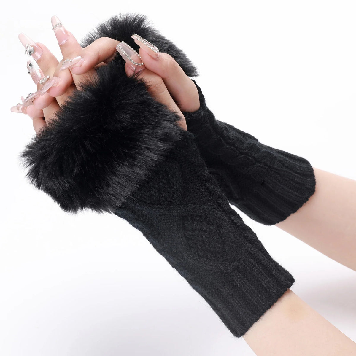 Cyflymder  A Pair Of Women's Knitted Fingerless Gloves With Faux Fur Cuff, Warm Winter Fall For Ladies,  Cable Knit Arm Warmers For Cold