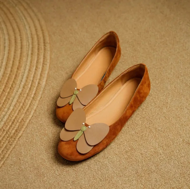 Cyflymder  Unique Design Butterfly Round Toe Ballet Shoes For Women Casual Outdoor Wearing Suede Inner Height Increasing Shallow Mouth Dres
