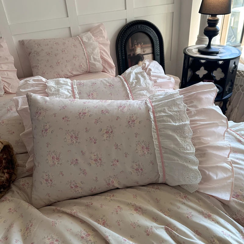 Cyflymder  Pink Floral Double Layer Lace Ruffles 100% Cotton Bedding Set Duvet Cover Set Bed Sheet/Bed Skirt/Fitted Sheet Pillowcases 4Pcs