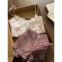 Cyflymder  Ballet Floral Small Suspenders Pajamas Women's Summer New Plaid Shorts Loungewear Suit