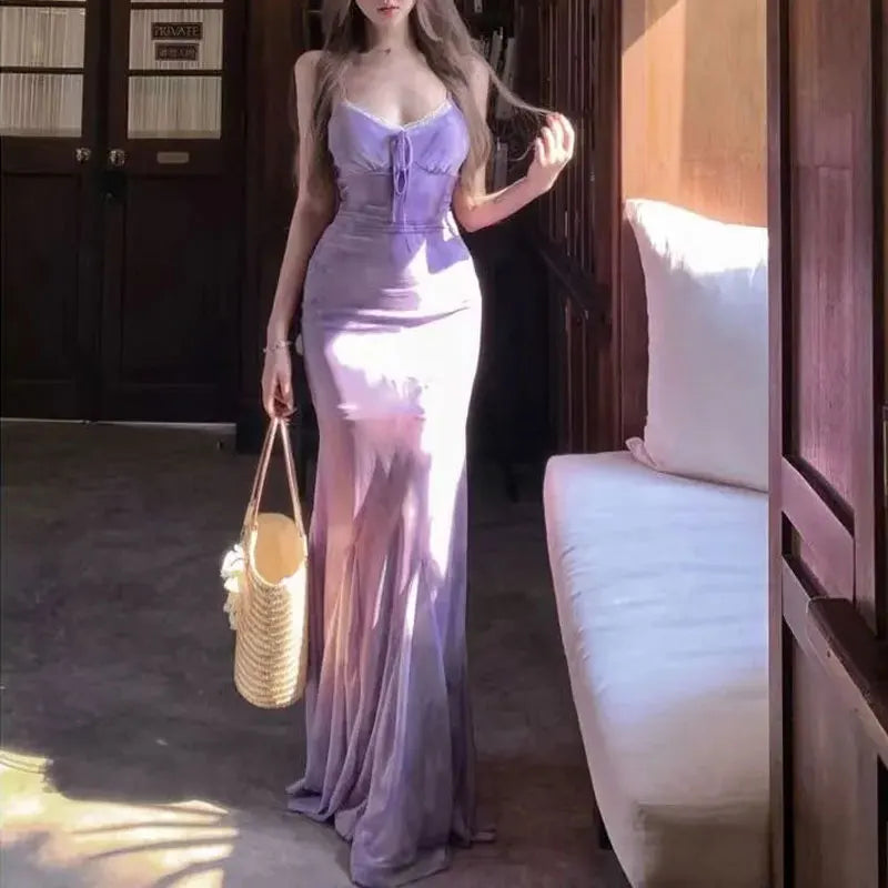 Cyflymder  Purple Tie Dye Spaghetti Strap Mermaid Maxi Dress Summer Lace Trim Front Tie Women Slim Bodycon Flowy Bag Hip Long Evening Gown