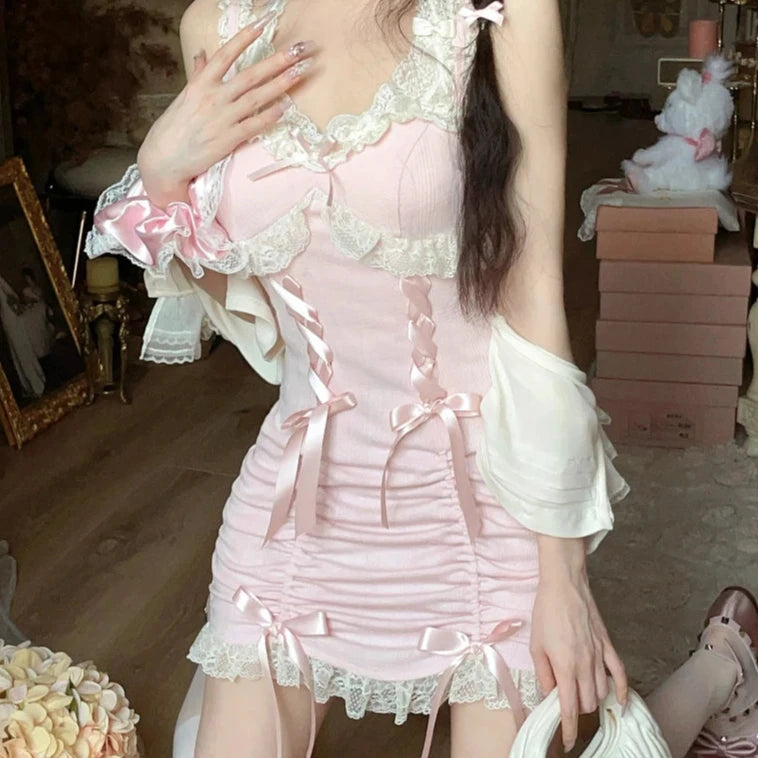 Cyflymder DRESS TO IMPRESS Japanese Sweet Lolita Style Dress Women Bow Pink Kawaii Party Mini Dresses Female Long Sleeve Lace Princess Dresses Autumn