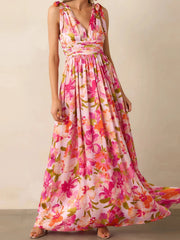 Cyflymder  Elegant Maxi Dress with Boho Floral Print Stylish V-Neckline and Chic Tie-Up Shoulder Detail Perfect for Summer Casual Wear