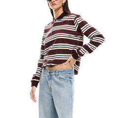 Cyflymder  Women's Fall Striped Print T-Shirt Contrast Color Long Sleeve Lapel Neck Button-up Casual Pullover Tops