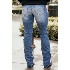 Cyflymder  [Timeless Charm] Ladies Retro Slim-fit Bootcut Flared Jeans, Stretch Denim, Classic Blue with Button Front Details