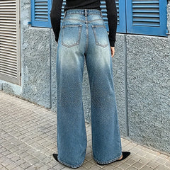 Cyflymder  Y2K Rhinestone Jeans High-Waisted Ombre Gradient Wide Leg Denim Pants with Sashes All-Over Sparkle Detail Trouser 90s Streetwear