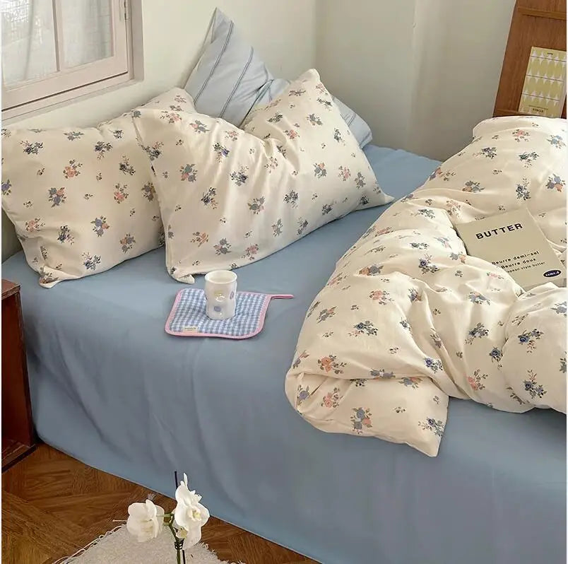 Cyflymder  Blue/Pink Floral Duvet Cover set Farmhouse Vintage Chic 4Pcs Flat Bed Sheet Pillow Shams Ultra Soft Microfiber Twin Queen Double