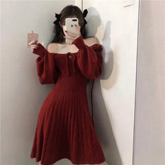 Cyflymder Sweet Knitted Dress Women Autumn Winter Elegant Dress Female Red French Style Party Dress Clothes Lady