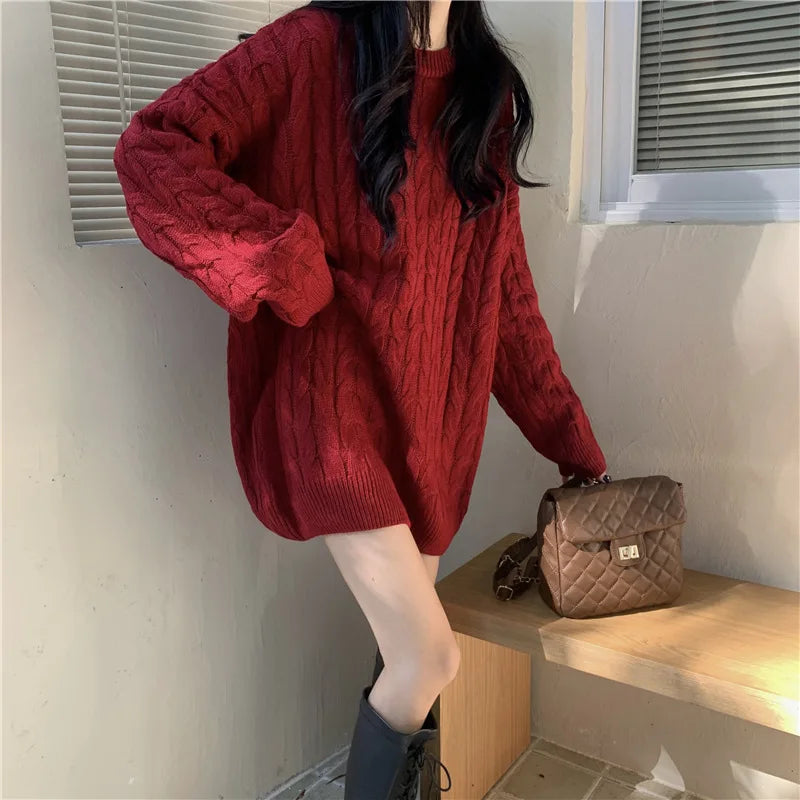 Cyflymder  Korean Thicken Knitted Sweater for Women Long Style Vintage Loose Red Outwear Pullover