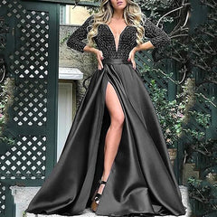 Cyflymder  Elegant Lace Sequins Women Evening Dress Patchwork Solid V-Neck Sexy High Split Prom Wedding Maxi Dress Party Club Long Dresses