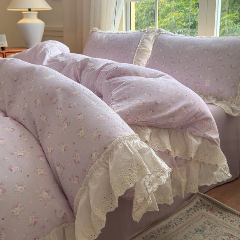 Cyflymder  Korean Princess Style Floral Lace Ruffles Bedding Set 100% Cotton Double Yarn Duvet Cover Flat/Fitted Bed Sheet Pillowcases 4Pcs