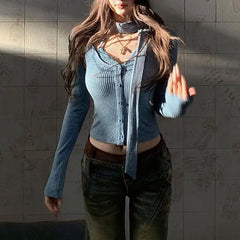 Cyflymder  Female Clothing Stylish Embroidery Pullovers Halter Ribbon Button Autumn Winter Lace Spliced Slim Long Sleeve Knitted T-shirts